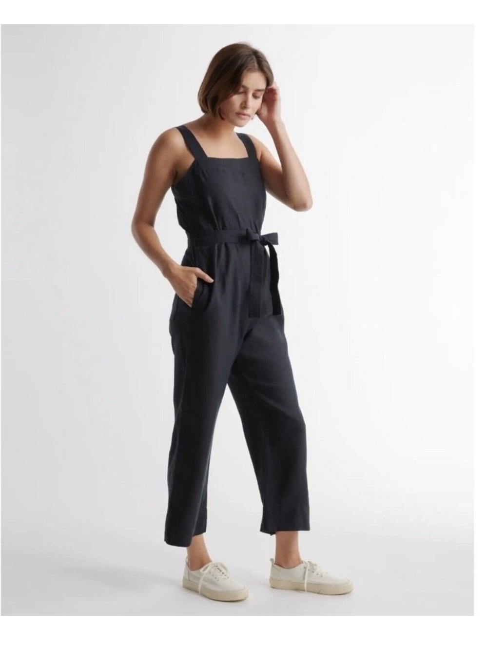 Quince Women’s Black Linen Jumpsuit Sleeveless Square Neck Belted